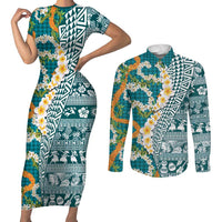 Hawaiian Plumeria Lei Couples Matching Short Sleeve Bodycon Dress and Long Sleeve Button Shirt Kakau Motifs and Palaka Half Style Turquoise Color LT03 Turquoise - Polynesian Pride