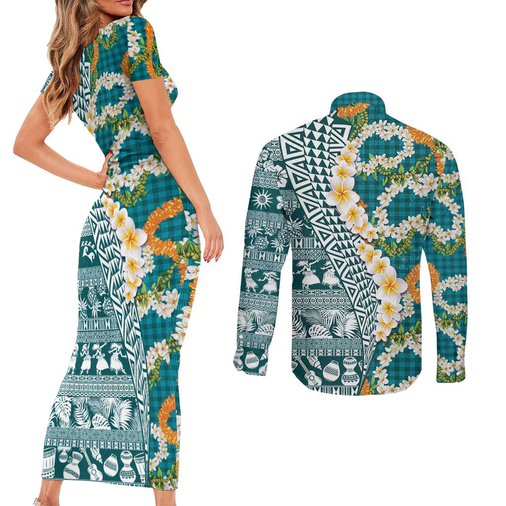 Hawaiian Plumeria Lei Couples Matching Short Sleeve Bodycon Dress and Long Sleeve Button Shirt Kakau Motifs and Palaka Half Style Turquoise Color LT03 - Polynesian Pride
