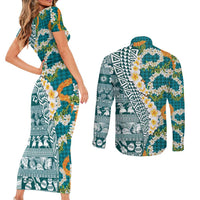 Hawaiian Plumeria Lei Couples Matching Short Sleeve Bodycon Dress and Long Sleeve Button Shirt Kakau Motifs and Palaka Half Style Turquoise Color LT03 - Polynesian Pride