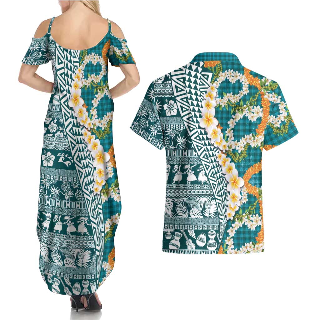Hawaiian Plumeria Lei Couples Matching Summer Maxi Dress and Hawaiian Shirt Kakau Motifs and Palaka Half Style Turquoise Color - Polynesian Pride