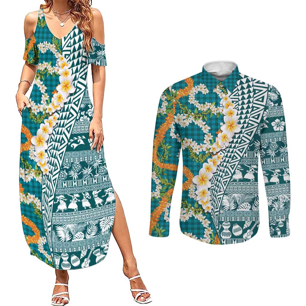 Hawaiian Plumeria Lei Couples Matching Summer Maxi Dress and Long Sleeve Button Shirt Kakau Motifs and Palaka Half Style Turquoise Color - Polynesian Pride