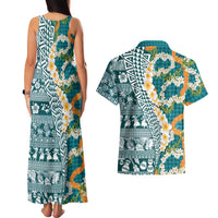 Hawaiian Plumeria Lei Couples Matching Tank Maxi Dress and Hawaiian Shirt Kakau Motifs and Palaka Half Style Turquoise Color - Polynesian Pride