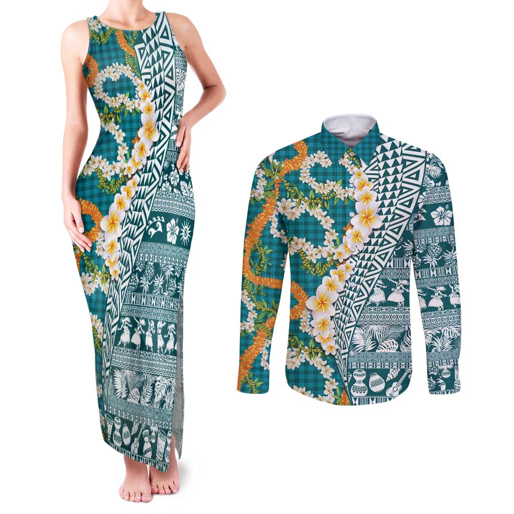 Hawaiian Plumeria Lei Couples Matching Tank Maxi Dress and Long Sleeve Button Shirt Kakau Motifs and Palaka Half Style Turquoise Color - Polynesian Pride