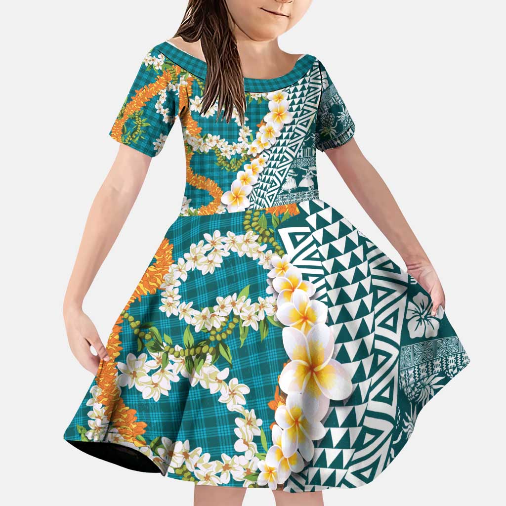 Hawaiian Plumeria Lei Family Matching Long Sleeve Bodycon Dress and Hawaiian Shirt Kakau Motifs and Palaka Half Style Turquoise Color - Polynesian Pride