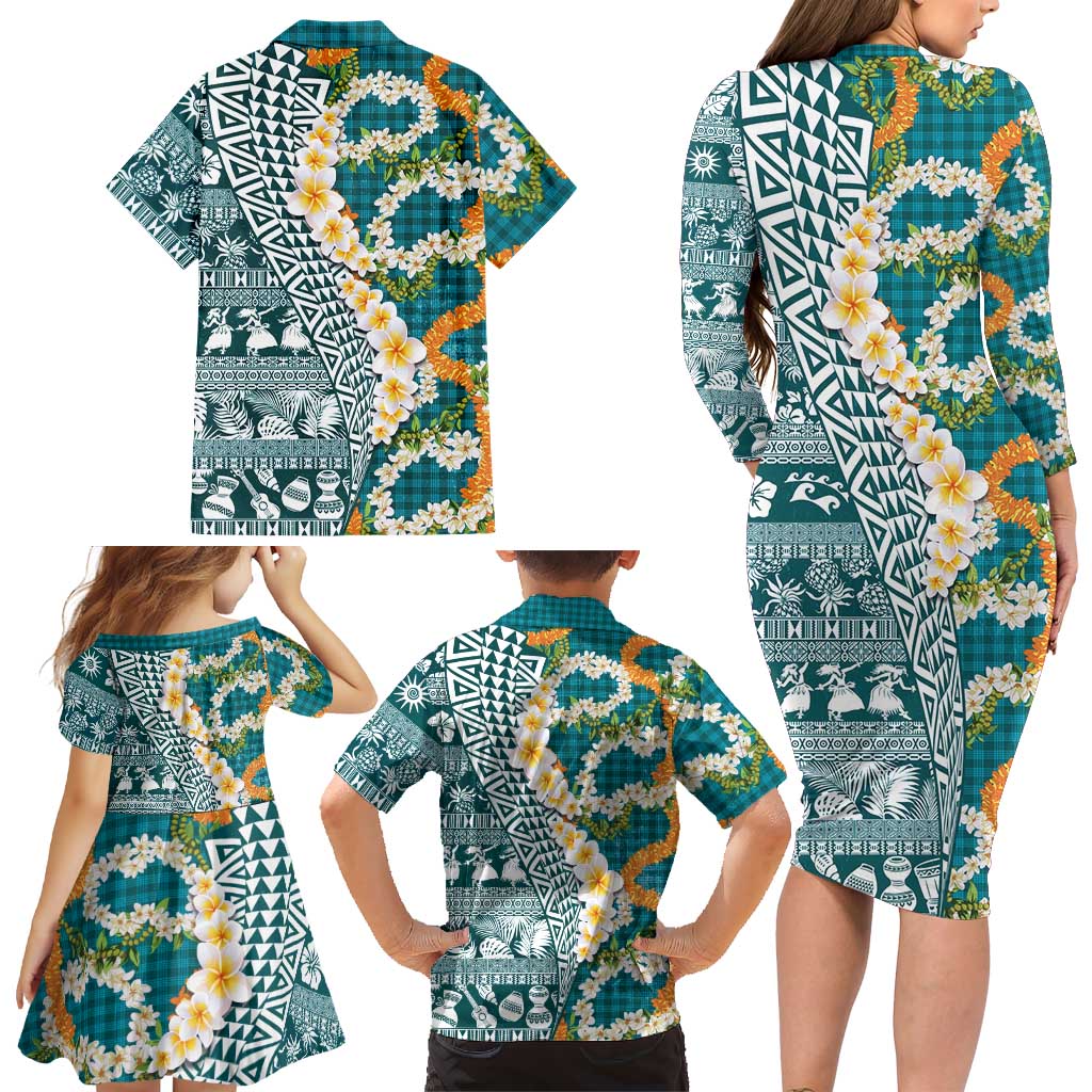 Hawaiian Plumeria Lei Family Matching Long Sleeve Bodycon Dress and Hawaiian Shirt Kakau Motifs and Palaka Half Style Turquoise Color - Polynesian Pride