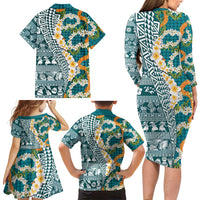 Hawaiian Plumeria Lei Family Matching Long Sleeve Bodycon Dress and Hawaiian Shirt Kakau Motifs and Palaka Half Style Turquoise Color - Polynesian Pride