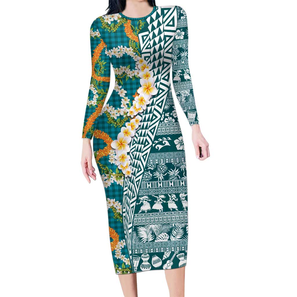 Hawaiian Plumeria Lei Family Matching Long Sleeve Bodycon Dress and Hawaiian Shirt Kakau Motifs and Palaka Half Style Turquoise Color - Polynesian Pride