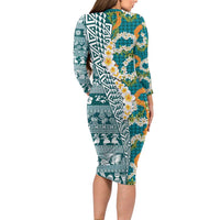 Hawaiian Plumeria Lei Family Matching Long Sleeve Bodycon Dress and Hawaiian Shirt Kakau Motifs and Palaka Half Style Turquoise Color - Polynesian Pride