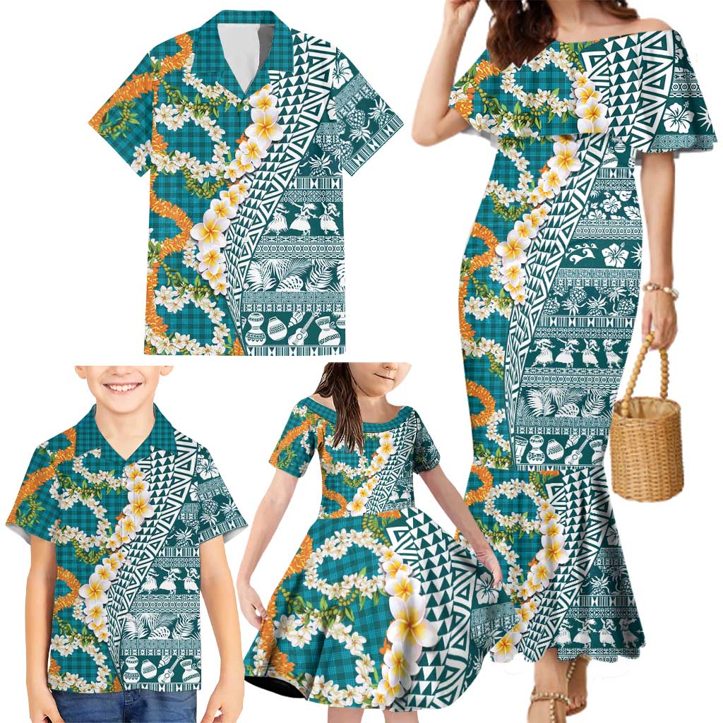Hawaiian Plumeria Lei Family Matching Mermaid Dress and Hawaiian Shirt Kakau Motifs and Palaka Half Style Turquoise Color - Polynesian Pride