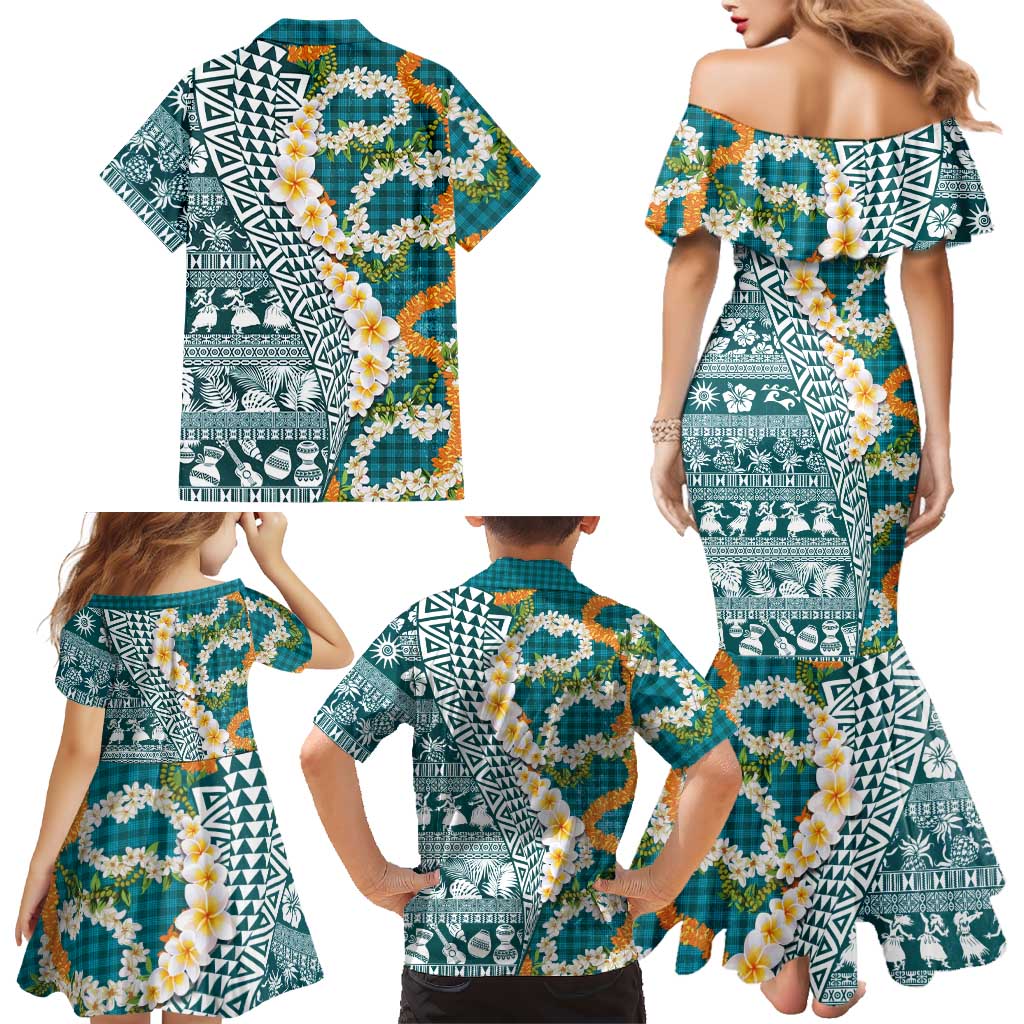 Hawaiian Plumeria Lei Family Matching Mermaid Dress and Hawaiian Shirt Kakau Motifs and Palaka Half Style Turquoise Color - Polynesian Pride
