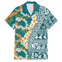 Hawaiian Plumeria Lei Family Matching Mermaid Dress and Hawaiian Shirt Kakau Motifs and Palaka Half Style Turquoise Color - Polynesian Pride