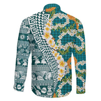 Hawaiian Plumeria Lei Family Matching Mermaid Dress and Hawaiian Shirt Kakau Motifs and Palaka Half Style Turquoise Color - Polynesian Pride
