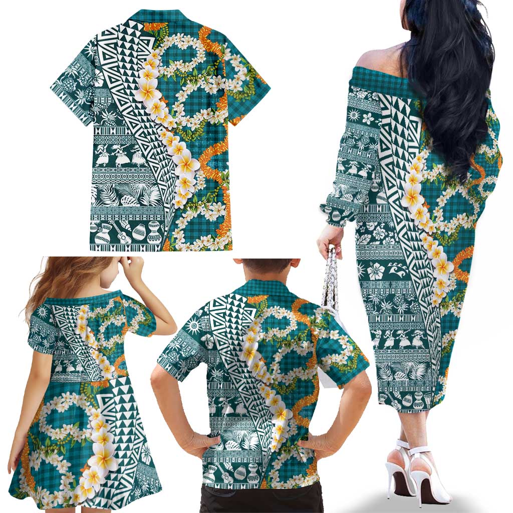 Hawaiian Plumeria Lei Family Matching Off The Shoulder Long Sleeve Dress and Hawaiian Shirt Kakau Motifs and Palaka Half Style Turquoise Color - Polynesian Pride