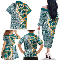 Hawaiian Plumeria Lei Family Matching Off The Shoulder Long Sleeve Dress and Hawaiian Shirt Kakau Motifs and Palaka Half Style Turquoise Color - Polynesian Pride