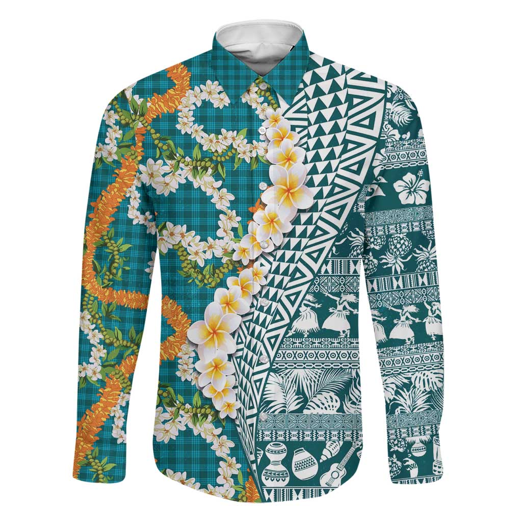 Hawaiian Plumeria Lei Family Matching Off The Shoulder Long Sleeve Dress and Hawaiian Shirt Kakau Motifs and Palaka Half Style Turquoise Color - Polynesian Pride