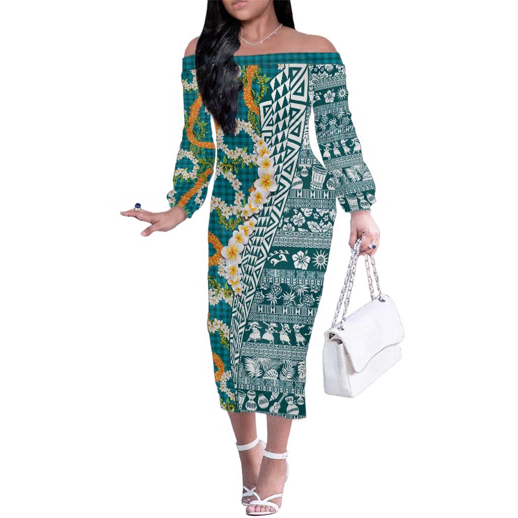 Hawaiian Plumeria Lei Family Matching Off The Shoulder Long Sleeve Dress and Hawaiian Shirt Kakau Motifs and Palaka Half Style Turquoise Color - Polynesian Pride
