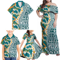 Hawaiian Plumeria Lei Family Matching Off Shoulder Maxi Dress and Hawaiian Shirt Kakau Motifs and Palaka Half Style Turquoise Color - Polynesian Pride