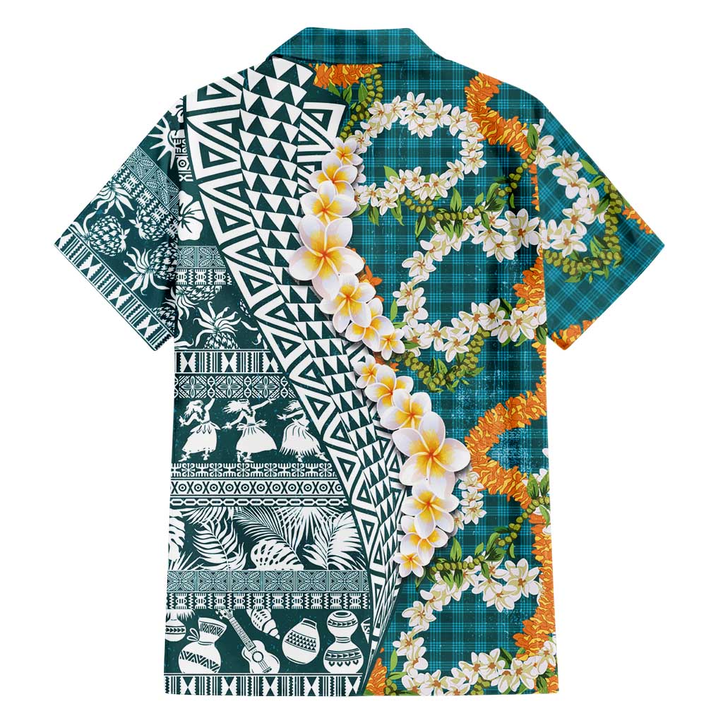 Hawaiian Plumeria Lei Family Matching Off Shoulder Maxi Dress and Hawaiian Shirt Kakau Motifs and Palaka Half Style Turquoise Color - Polynesian Pride