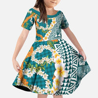 Hawaiian Plumeria Lei Family Matching Off Shoulder Short Dress and Hawaiian Shirt Kakau Motifs and Palaka Half Style Turquoise Color - Polynesian Pride