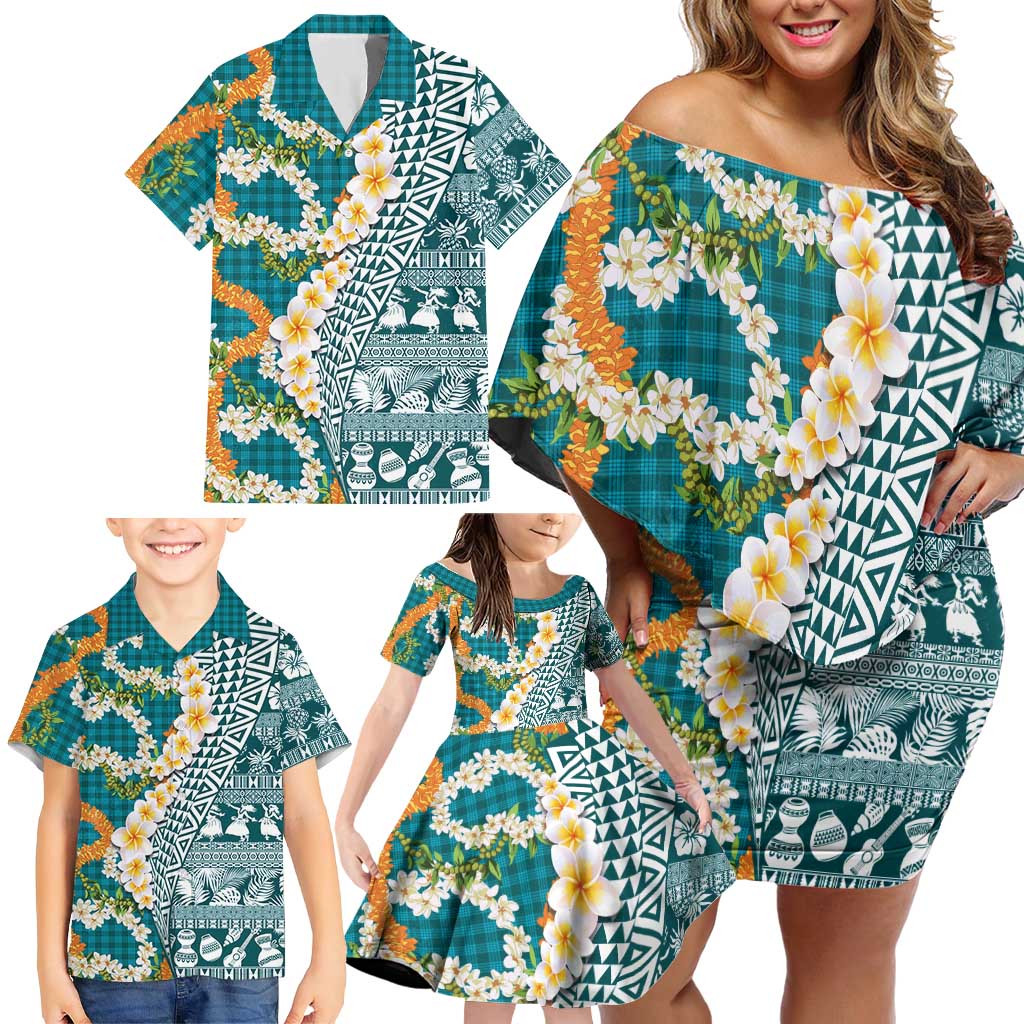 Hawaiian Plumeria Lei Family Matching Off Shoulder Short Dress and Hawaiian Shirt Kakau Motifs and Palaka Half Style Turquoise Color - Polynesian Pride