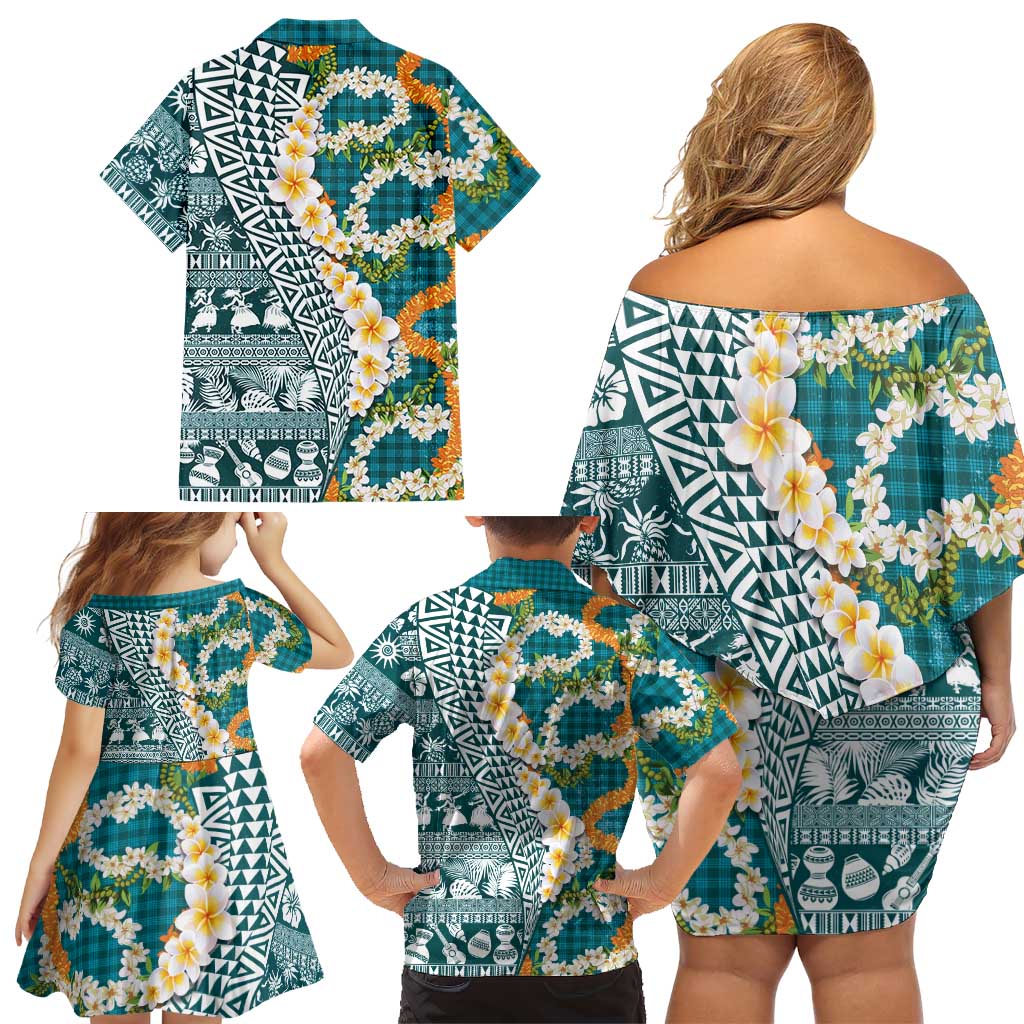 Hawaiian Plumeria Lei Family Matching Off Shoulder Short Dress and Hawaiian Shirt Kakau Motifs and Palaka Half Style Turquoise Color - Polynesian Pride