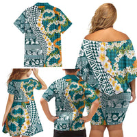 Hawaiian Plumeria Lei Family Matching Off Shoulder Short Dress and Hawaiian Shirt Kakau Motifs and Palaka Half Style Turquoise Color - Polynesian Pride