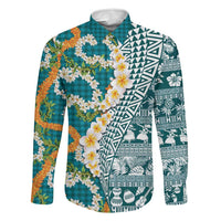 Hawaiian Plumeria Lei Family Matching Off Shoulder Short Dress and Hawaiian Shirt Kakau Motifs and Palaka Half Style Turquoise Color - Polynesian Pride