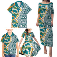 Hawaiian Plumeria Lei Family Matching Puletasi and Hawaiian Shirt Kakau Motifs and Palaka Half Style Turquoise Color - Polynesian Pride