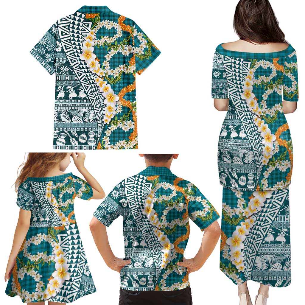 Hawaiian Plumeria Lei Family Matching Puletasi and Hawaiian Shirt Kakau Motifs and Palaka Half Style Turquoise Color - Polynesian Pride