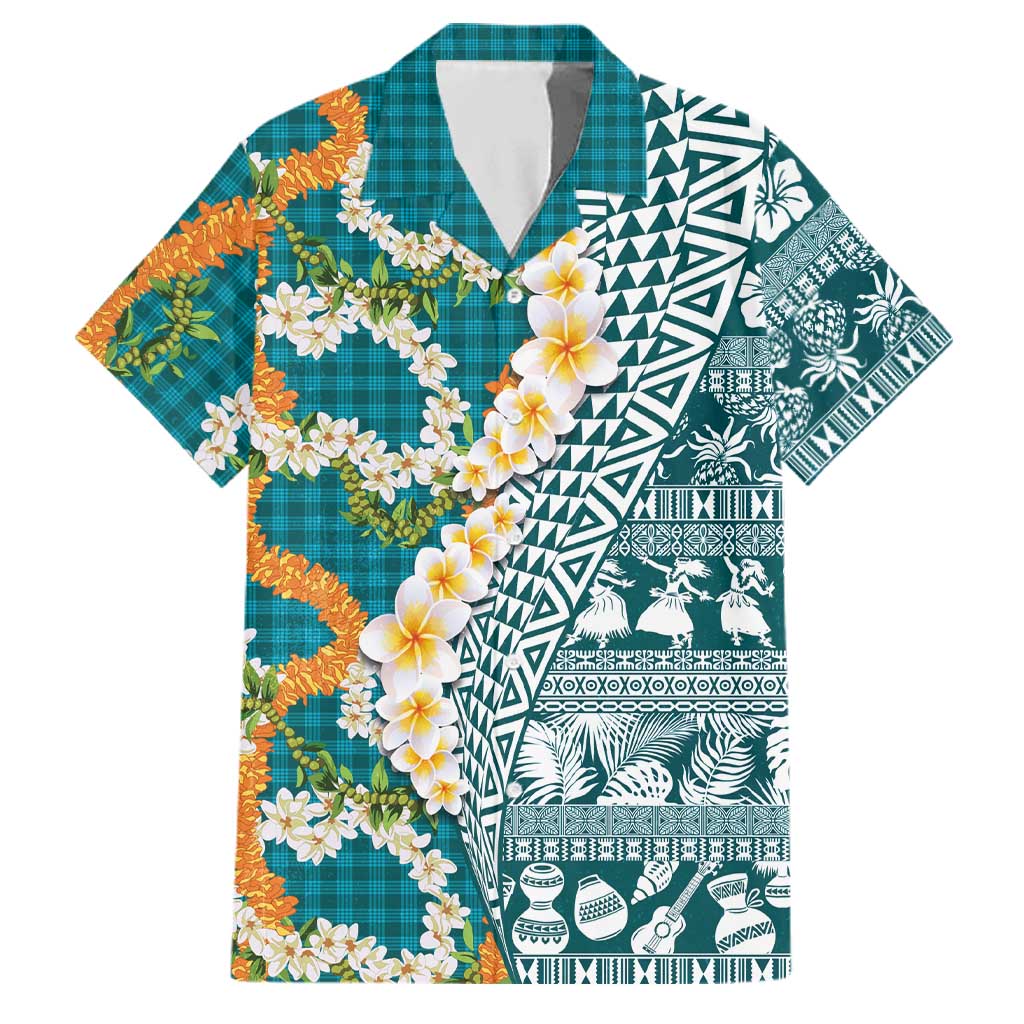 Hawaiian Plumeria Lei Family Matching Puletasi and Hawaiian Shirt Kakau Motifs and Palaka Half Style Turquoise Color - Polynesian Pride