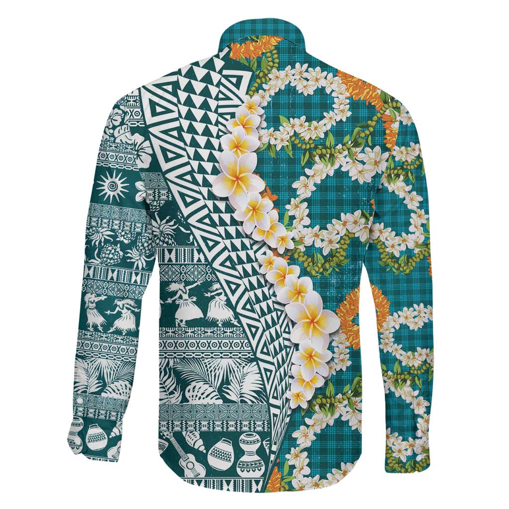 Hawaiian Plumeria Lei Family Matching Puletasi and Hawaiian Shirt Kakau Motifs and Palaka Half Style Turquoise Color - Polynesian Pride