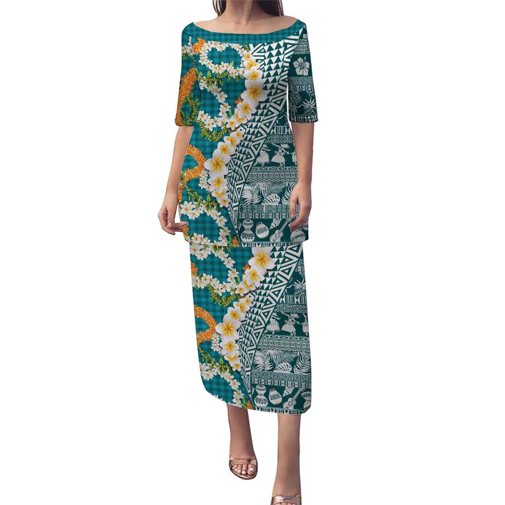 Hawaiian Plumeria Lei Family Matching Puletasi and Hawaiian Shirt Kakau Motifs and Palaka Half Style Turquoise Color - Polynesian Pride