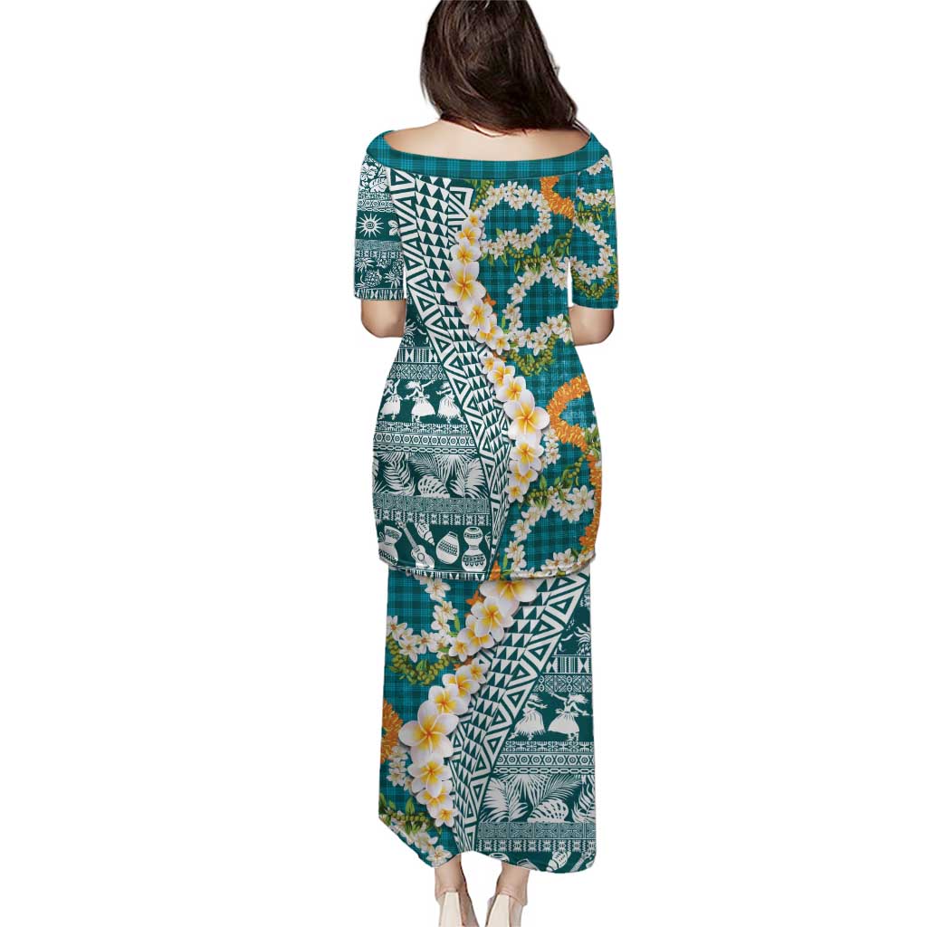 Hawaiian Plumeria Lei Family Matching Puletasi and Hawaiian Shirt Kakau Motifs and Palaka Half Style Turquoise Color - Polynesian Pride