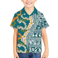 Hawaiian Plumeria Lei Family Matching Puletasi and Hawaiian Shirt Kakau Motifs and Palaka Half Style Turquoise Color - Polynesian Pride