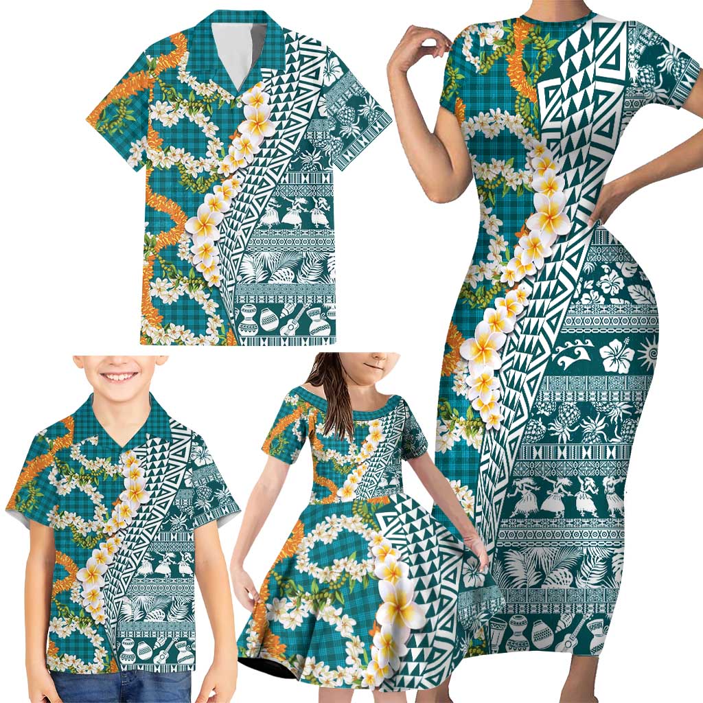 Hawaiian Plumeria Lei Family Matching Short Sleeve Bodycon Dress and Hawaiian Shirt Kakau Motifs and Palaka Half Style Turquoise Color - Polynesian Pride