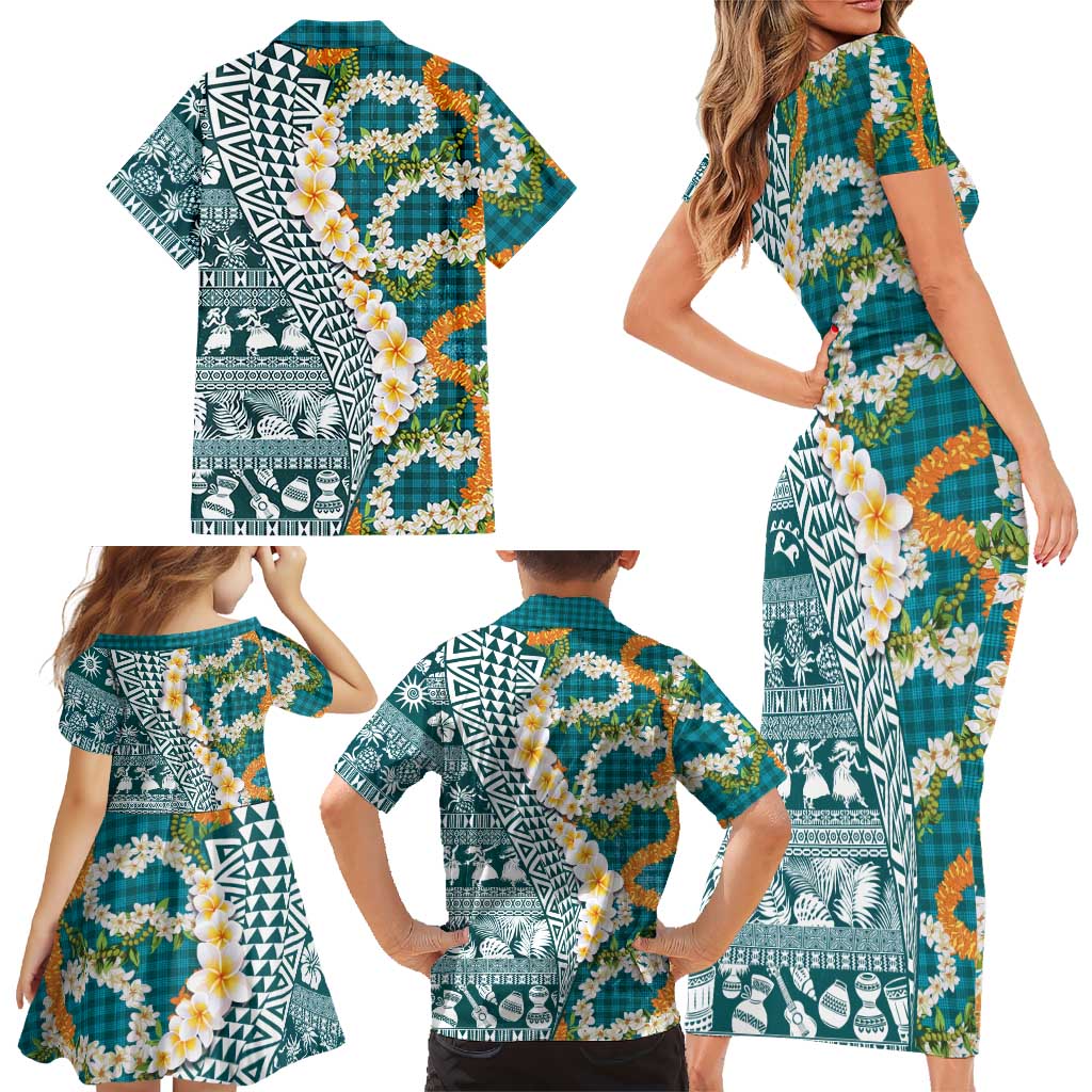 Hawaiian Plumeria Lei Family Matching Short Sleeve Bodycon Dress and Hawaiian Shirt Kakau Motifs and Palaka Half Style Turquoise Color - Polynesian Pride