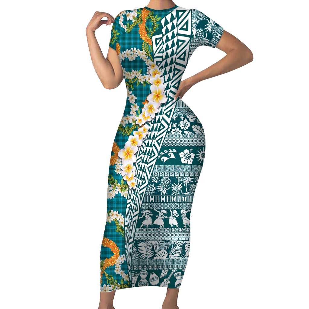 Hawaiian Plumeria Lei Family Matching Short Sleeve Bodycon Dress and Hawaiian Shirt Kakau Motifs and Palaka Half Style Turquoise Color - Polynesian Pride