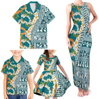 Hawaiian Plumeria Lei Family Matching Tank Maxi Dress and Hawaiian Shirt Kakau Motifs and Palaka Half Style Turquoise Color - Polynesian Pride