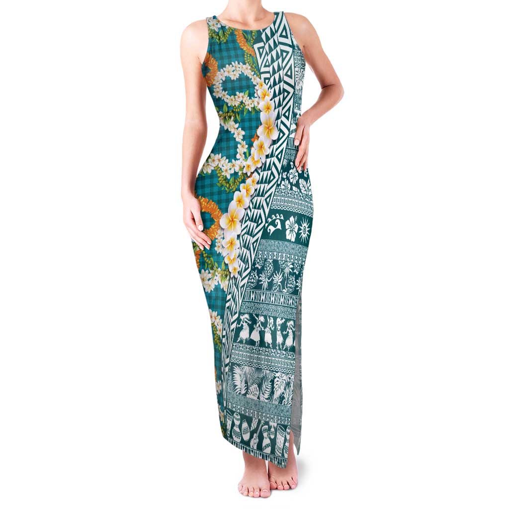 Hawaiian Plumeria Lei Family Matching Tank Maxi Dress and Hawaiian Shirt Kakau Motifs and Palaka Half Style Turquoise Color - Polynesian Pride
