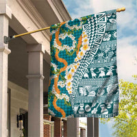 Hawaiian Plumeria Lei Garden Flag Kakau Motifs and Palaka Half Style Turquoise Color LT03 House Flag Turquoise - Polynesian Pride