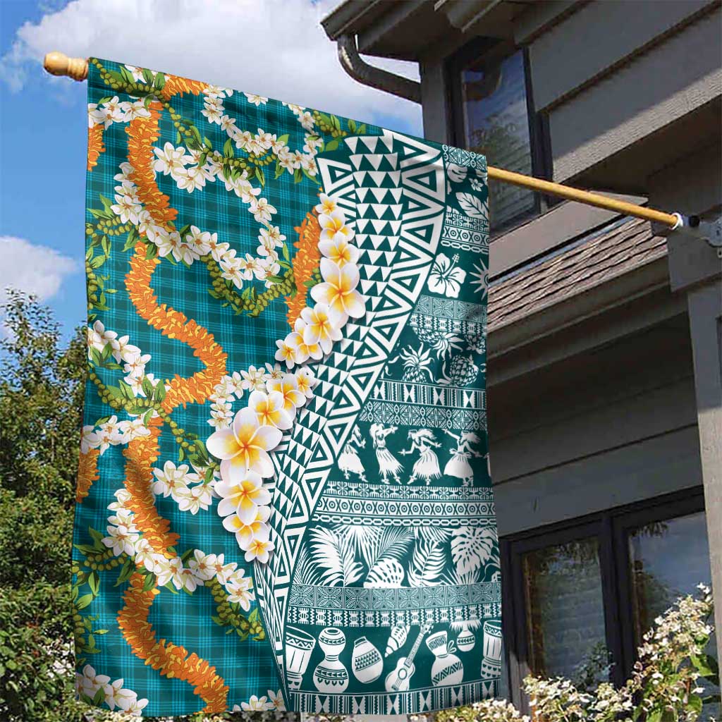Hawaiian Plumeria Lei Garden Flag Kakau Motifs and Palaka Half Style Turquoise Color LT03 - Polynesian Pride