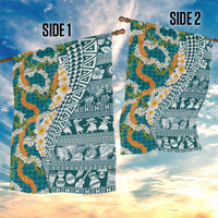 Hawaiian Plumeria Lei Garden Flag Kakau Motifs and Palaka Half Style Turquoise Color LT03 - Polynesian Pride