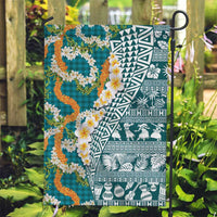 Hawaiian Plumeria Lei Garden Flag Kakau Motifs and Palaka Half Style Turquoise Color LT03 Garden Flag Turquoise - Polynesian Pride