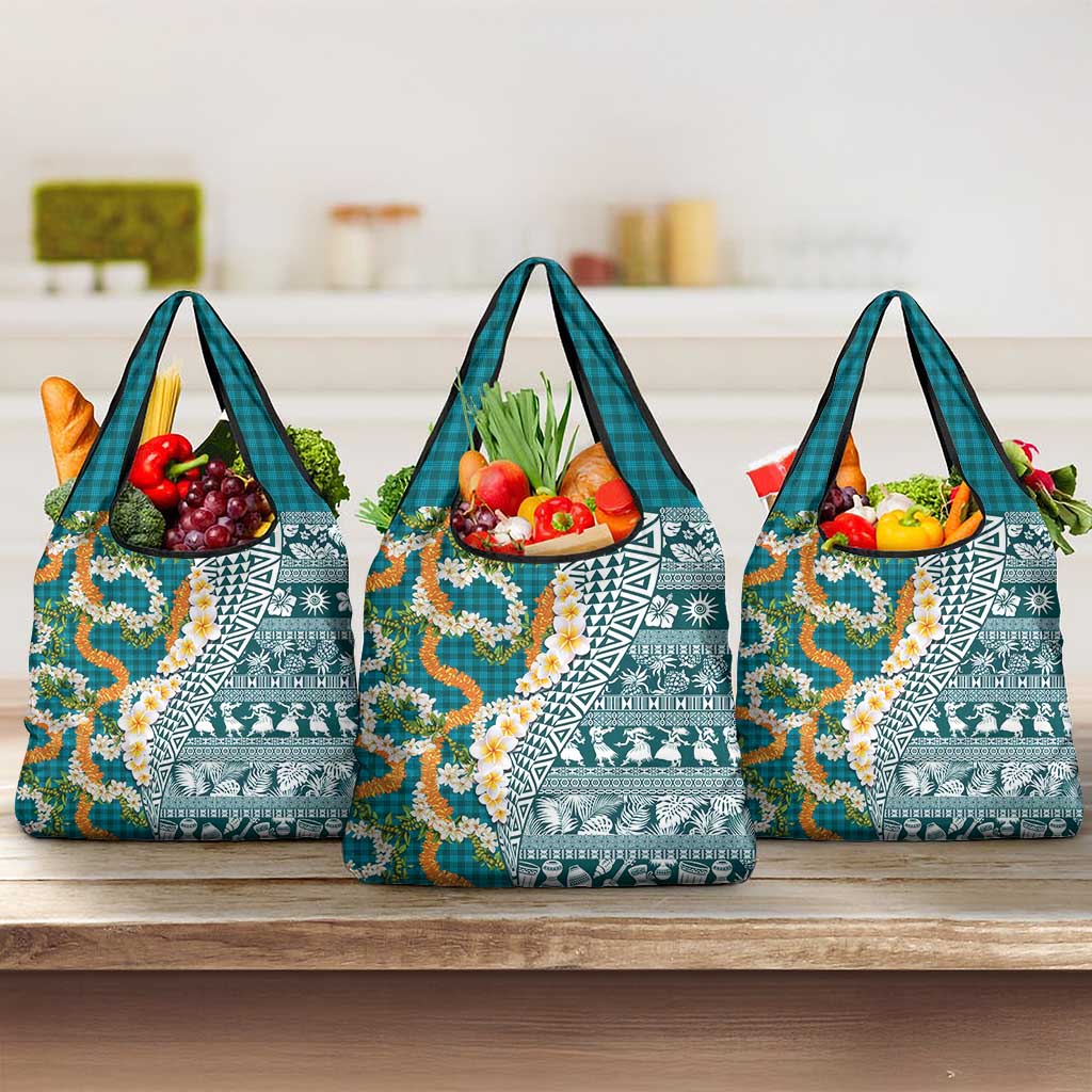 Hawaiian Plumeria Lei Grocery Bag Kakau Motifs and Palaka Half Style Turquoise Color LT03 3-pack One Size Turquoise - Polynesian Pride