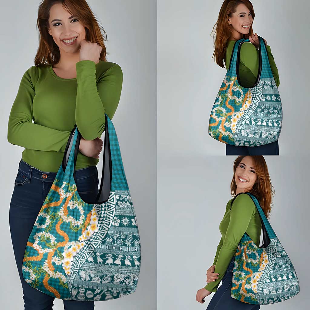 Hawaiian Plumeria Lei Grocery Bag Kakau Motifs and Palaka Half Style Turquoise Color LT03 - Polynesian Pride