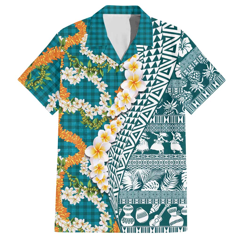 Hawaiian Plumeria Lei Hawaiian Shirt Kakau Motifs and Palaka Half Style Turquoise Color LT03 Turquoise - Polynesian Pride