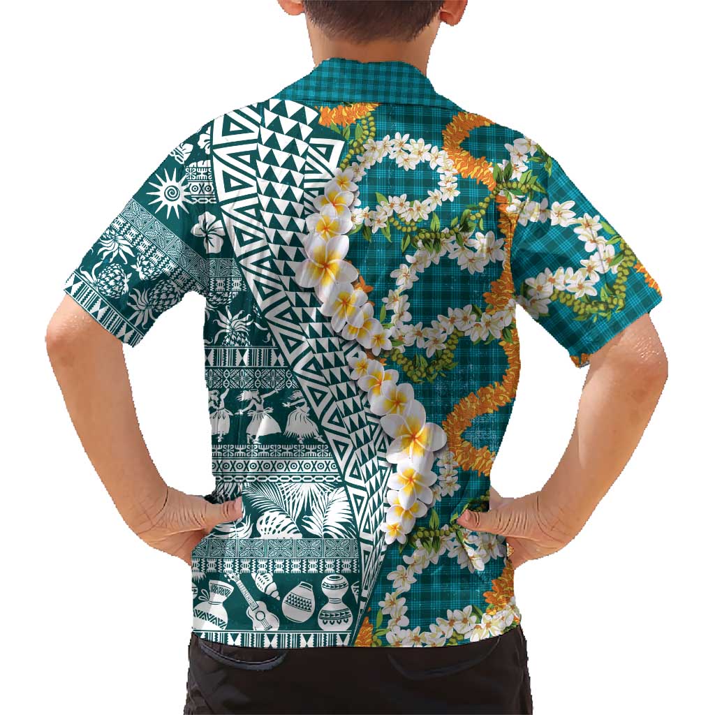 Hawaiian Plumeria Lei Hawaiian Shirt Kakau Motifs and Palaka Half Style Turquoise Color LT03 - Polynesian Pride