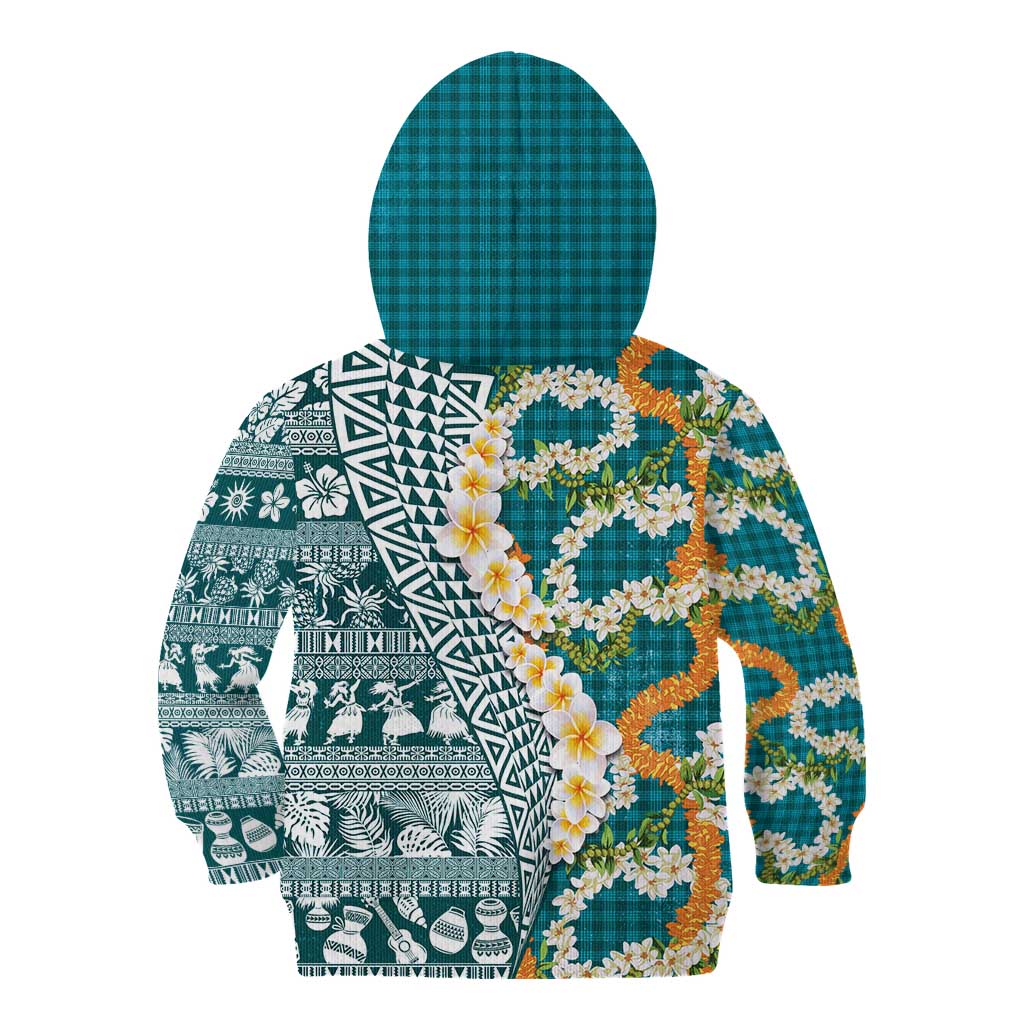Hawaiian Plumeria Lei Kid Hoodie Kakau Motifs and Palaka Half Style Turquoise Color - Polynesian Pride