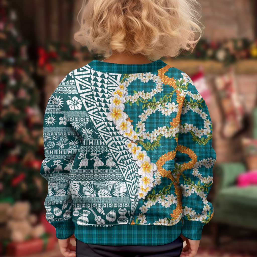 Hawaiian Plumeria Lei Kid Ugly Christmas Sweater Kakau Motifs and Palaka Half Style Turquoise Color - Polynesian Pride