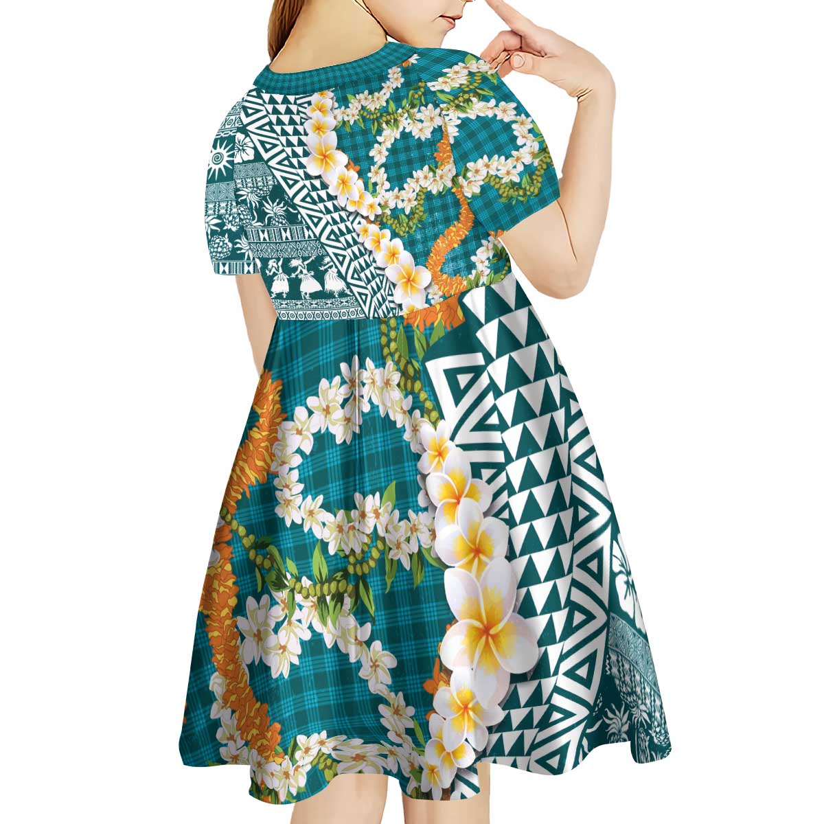 Hawaiian Plumeria Lei Kid Short Sleeve Dress Kakau Motifs and Palaka Half Style Turquoise Color - Polynesian Pride